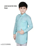Blue cotton kurta for boys, traditional party wear with long sleeves and pyjama bottoms. Perfect for festive occasions and family events." (108 characters)