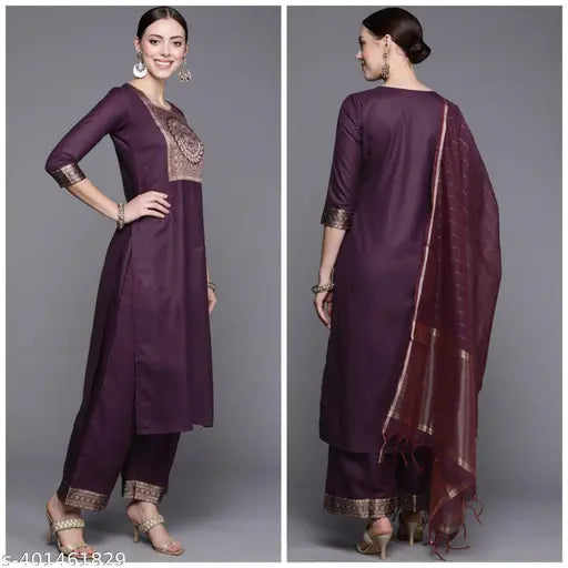 Cotton Vidusha Wine Kurta Set (3pc), includes palazzos & dupatta, purple fabric for women's formal wear, made in India