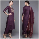 Cotton Vidusha Wine Kurta Set (3pc), includes palazzos & dupatta, purple fabric for women's formal wear, made in India