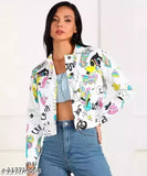 Trendy printed twill denim jacket for women and girls, long sleeves, vibrant design, India origin
