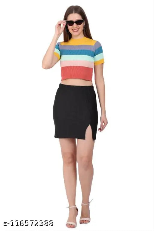 Solid crepe pleated mini skirt set for women (2 pack), India-made