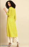 Light yellow printed designer cotton kurti with three-quarter sleeves, trendy ethnic wear for women, Haldi Mehandi dress, summer kurti, India origin