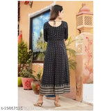 Printed Rayon Anarkali Kurtis with Gold Print, vibrant colors, three-quarter sleeves, round neckline, India origin