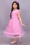 Pink net knee length girls' frock, embellished, sleeveless, A-line silhouette, India origin