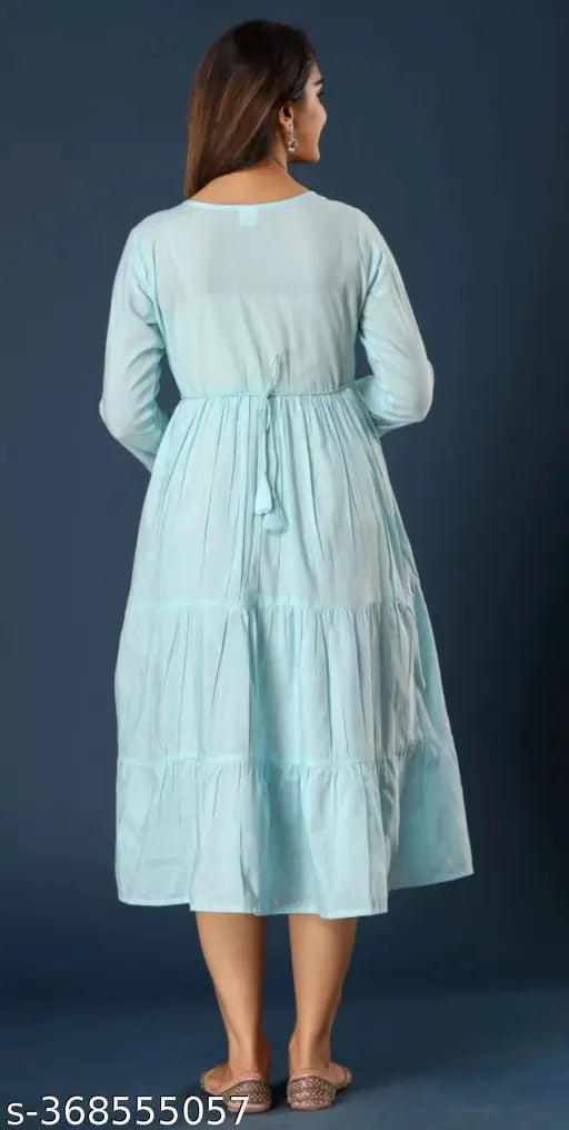 Rayon sequinned embroidered tiered kurti for women, solid-colored traditional-meets-western clothing with three-quarter sleeves, made in India