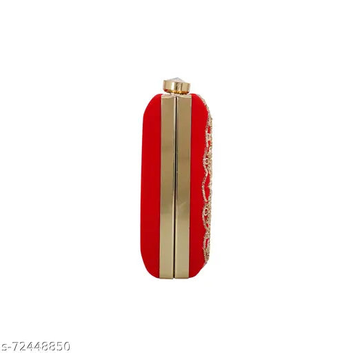 Red velvet clutch with unique zari embroidery, fashionable women's accessory for night out, free size (8x4 in)