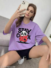 Trendy printed cotton-blend oversized round neck t-shirt for women and girls, featuring casual fashion graphics on short sleeves. Available in various sizes from XS to XL. Made in India