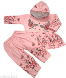 Printed woolen hoody swate frock & pajama set for baby girls. Warm and soft, ideal for winter. Available in sizes from 0-2 years