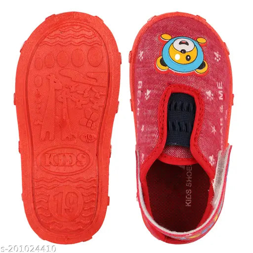 Red canvas slip-on sneakers for kids, YEAHMOM Toffee design with chu chu sound and printed net pattern. Comfortable to wear all day long. Soft inner lining and PU sole