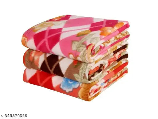 Multicolor light pink and brown LiveWell printed fleece single bed all-season blanket - 3 pack, perfect for layering, free size (220x130 cm)