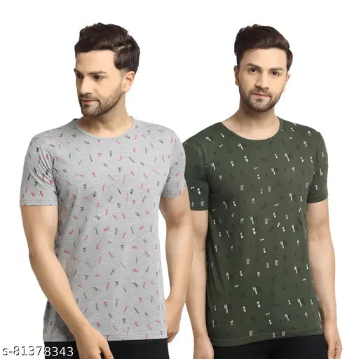Grey printed cotton short sleeve men's t-shirts pack 2 by Vimal Jonney - quirky round design, great for casual wear