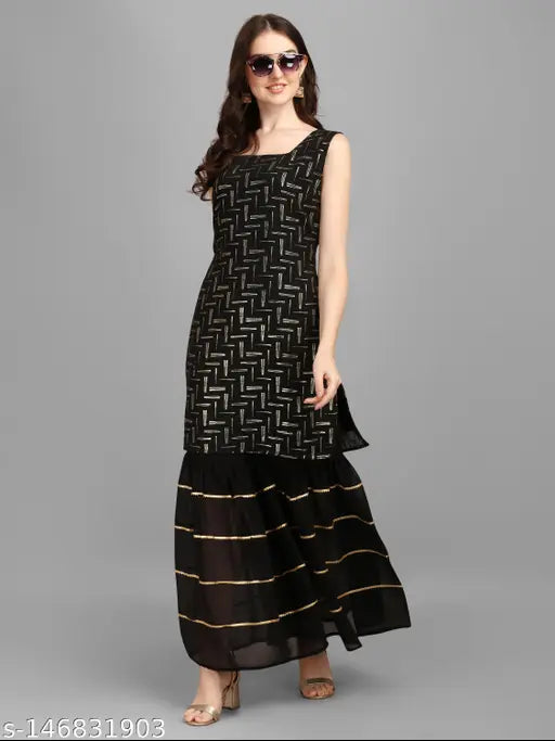 Georgette print net Indian party wear kurta set for women, sleeveless with sharara bottoms - sizes S to XXL