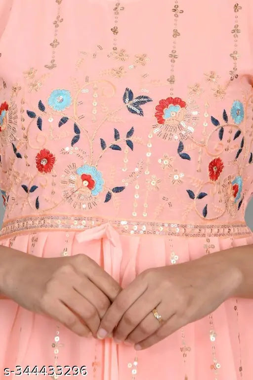 Chiffon anarkali palazzos dress with embroidered sleeves, modern style for girls aged 8-16 years, Indian origin