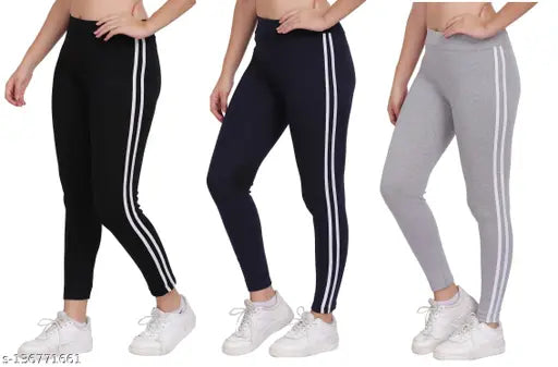 Cotton blend white line jeggings pack of 2 for women - fashionable activewear, gymwear, sportswear, and black solid tights