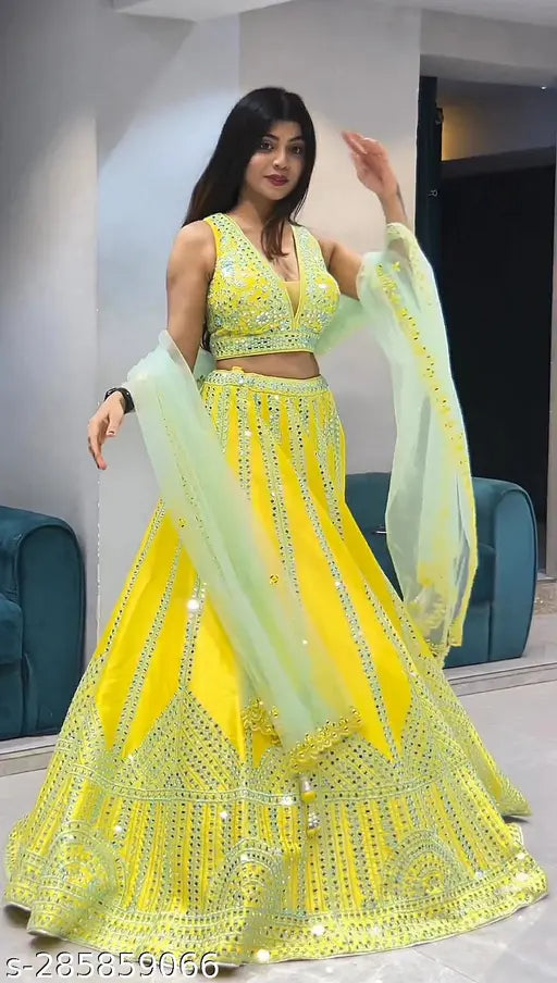 Embroidered georgette heavy lehenga choli with net dupatta, semi-stitched (44in waist, 42in length), Indian handcrafted bridal wear