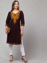 Hand-embroidered woolen winter kurti, rainbow yarn detailing on round neck, premium quality women's ethnic wear for cold seasons (M: 38in bust, 42in length; L: 40in bust, 42in length; XL: 42in bust, 42in length; XXL: 44in bust, 42in length)