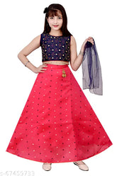Girls' Art Silk Lehenga Choli & Net Dupatta in Polka Dot Pattern, semi-stitched, suitable for 10-14 years old, Indian ethnic wear