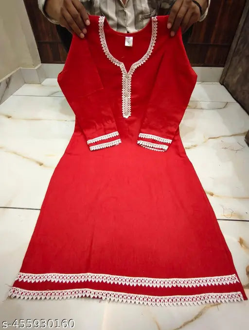 Woolen kurti with lace work, solid, M-XXXL size, Indian winter fashion