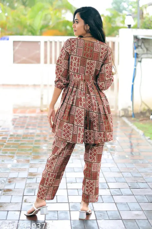 Designer cotton blend co-ords set, long sleeved top with 3/4 embossed foil printed collared top & cropped pants, suitable for casual occasions, Indian craftsmanship