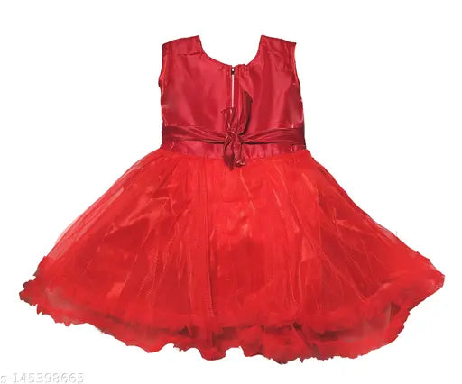 Red cotton-linen embellished net knee-length sleeveless dress for baby girls, perfect for parties and special occasions