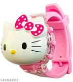 Trendy pink silicone digital watch, kitty cartoon design with disco lights, ideal for kids' outfits