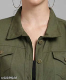 Dark green denim women's jacket, long sleeves, solid pattern, ZOONI COLLECTION
