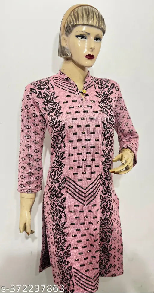 Pink woolen kurti for winter, printed with black & white flowers on three-quarter sleeves