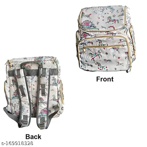White polyester diaper bag with unicorn print, multi-functional for travel, mommy backpack, shopping tote, laptop backpack, insulated bottle pocket, wet & dry separation
