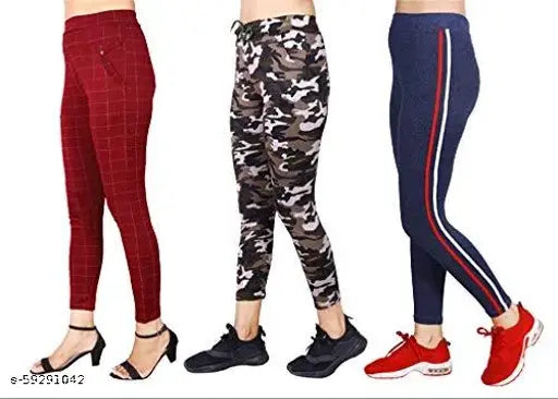 Stretchable cotton linen blend checkered trousers & jeggings combo, solid net, 3-piece set for women's casual wear. Ankle length with elastic waist and side pockets, available in sizes 28, 30, 32. Made in India