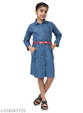 Kunzie denim blue girls frock with belt, long-sleeved, dyed/washed denim dress for 7-8 or 8-9 year-olds