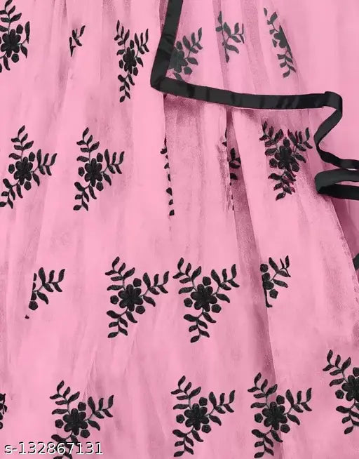 Embroidered semi-stitched art silk lehenga with free size, net unstitched blouse and dupatta, India