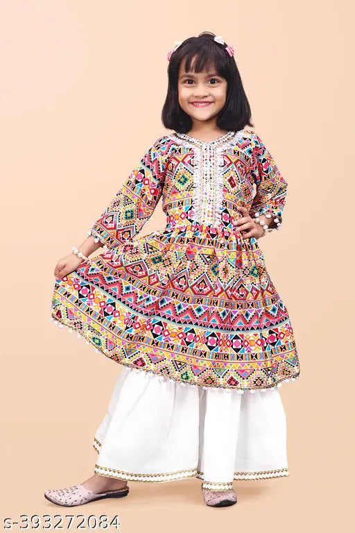 Yellow cotton anarkali kurta set from Queenpinenterprise Festive Collection for girls aged 12 months to 8 years, with printed three-quarter sleeves and sharara plazzo fully stitched pants
