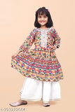 Yellow cotton anarkali kurta set from Queenpinenterprise Festive Collection for girls aged 12 months to 8 years, with printed three-quarter sleeves and sharara plazzo fully stitched pants