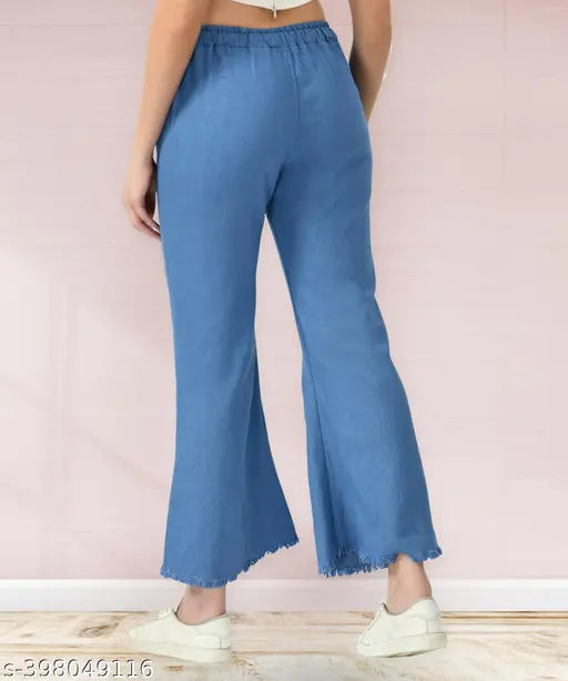 Light blue stretchable premium denim palazzo jogger jeans, high waist, plus size, elastic waist ankle cuff pants. Indian-made anti-shrink fabric