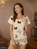 Cotton blend printed night suit set for women, elegant and trendy ladies' nightdress with short shorts, comfortable all-season wear