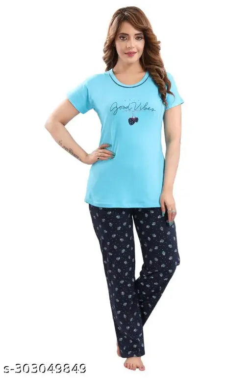 Sky Blue cotton night suit: ladies hosiery printed half-sleeve T-shirt and pyjama pants, perfect for casual or sleepwear