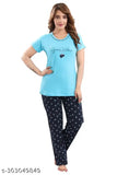 Sky Blue cotton night suit: ladies hosiery printed half-sleeve T-shirt and pyjama pants, perfect for casual or sleepwear