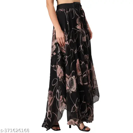Black Georgette printed net skirt with browon flower pattern, RC NEOEN. Sizes: 28, 30, 32, 34 (waist 28-34in, length 39-42in). Made in India