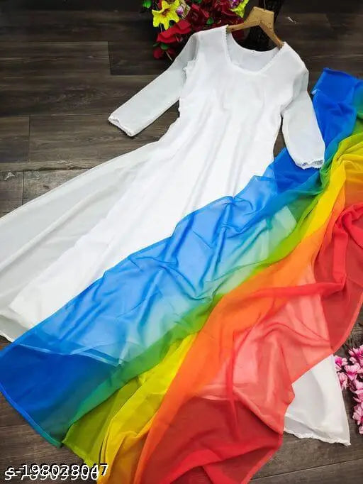 Stylish white georgette jumpsuit gown for women under 500, solid design with three-quarter sleeves