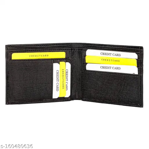 Black leather men's wallet, branded 'Card Plus Card Blk', features 8 card slots and 5 compartments. Solid pattern, free size (L12cm x W10cm), made in India