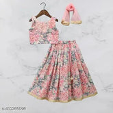 Floral printed rayon lehenga choli-2024, acrylic dupatta on mannequin. Sizes available from 3-4 years to free size, made in India