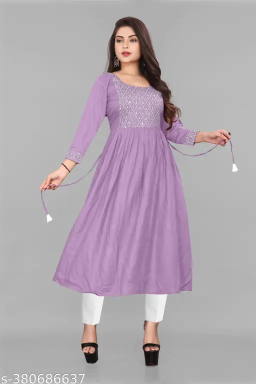 Viscose rayon three-quarter sleeve women's anarkali kurti, solid color Indian fashion wear