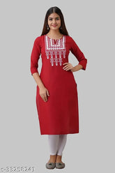 Red rayon embroidered kurti with three-quarter sleeves, trendy and fabulous, single sizes M (38in bust, 42in size length) L (40in bust, 42in size length), Indian origin