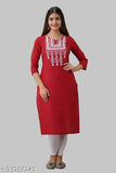 Red rayon embroidered kurti with three-quarter sleeves, trendy and fabulous, single sizes M (38in bust, 42in size length) L (40in bust, 42in size length), Indian origin