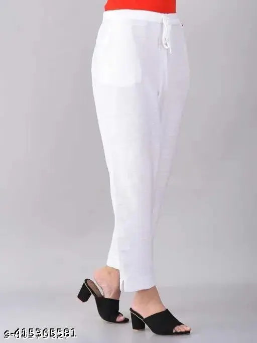 White pure cotton comfortable women's trouser pant for daily wear, elasticated and embellished, solid design, tailored from flexible fabric, perfect for casual outfits, country of origin: India
