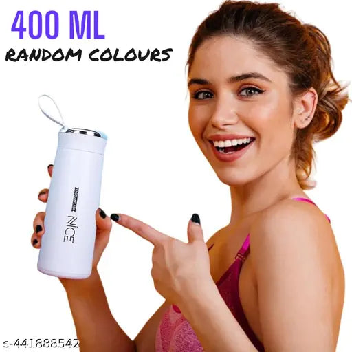 Multicolor 400ml BPA-free water bottle with glass inner liner and plastic shell, ideal for school, gym, home, office use by boys and girls