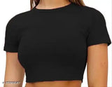 Black solid cotton women's crop T-shirt, regular fit, short sleeves