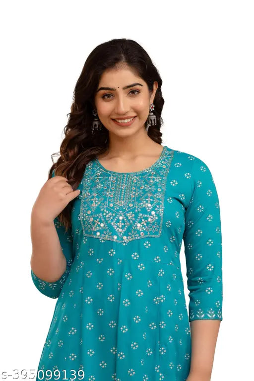Embroidered Flared Anarkali Kurta in Pink, Blue, Wine Firozi, Rayon Cotton. Ideal for weddings, festive, and party wear." (109 characters)