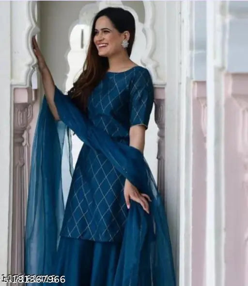 Rayon fashion kurta with printed combo, three-quarter sleeves. S - bust size 36in, M - bust size 38in, L - bust size 40in, XL - bust size 42in, XXL - bust size 44in. Indian traditional outfit includes dupatta and bottomwear sharara