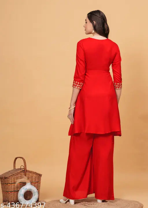 Rayon Women's Printed Cotton SararaSet Kurta & Palazzos - Indian ethnic wear in solid colors, perfect for regular wear and featuring beautiful designs. Comfortable and stylish suit set by KIPEK